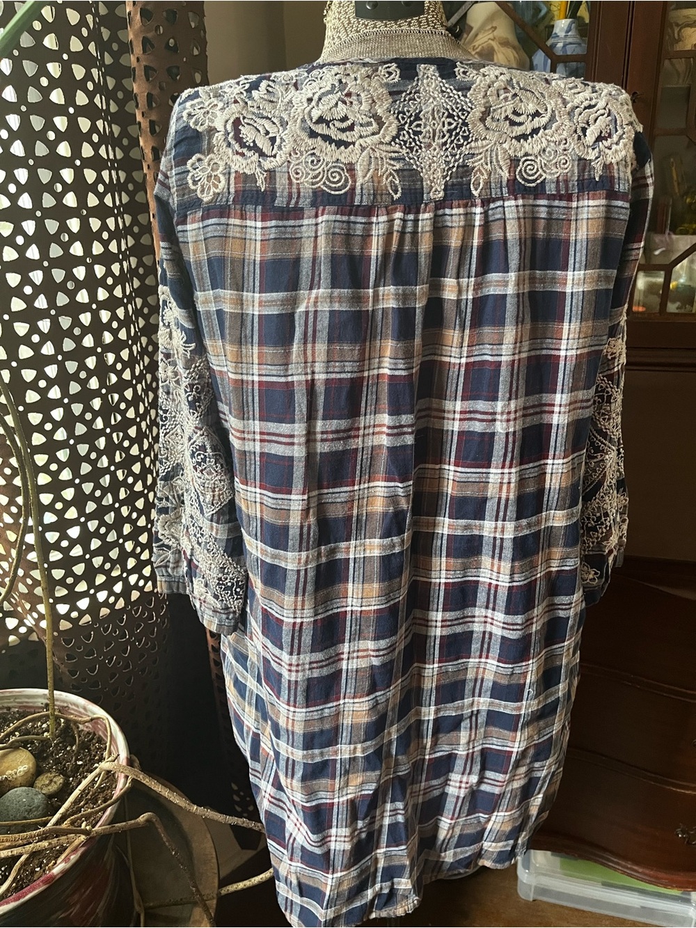 Johnny Was Navy, Cream & Burgundy Plaid Blouse - Picture 3 of 6